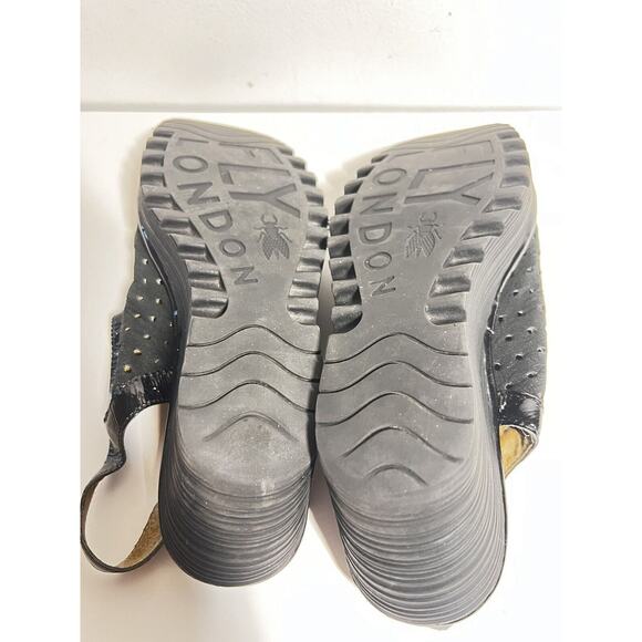 Fly London EUC Black Leather Yile Perforated Platform Wedge Sandal 8-8.5 US 39 - Picture 6 of 6